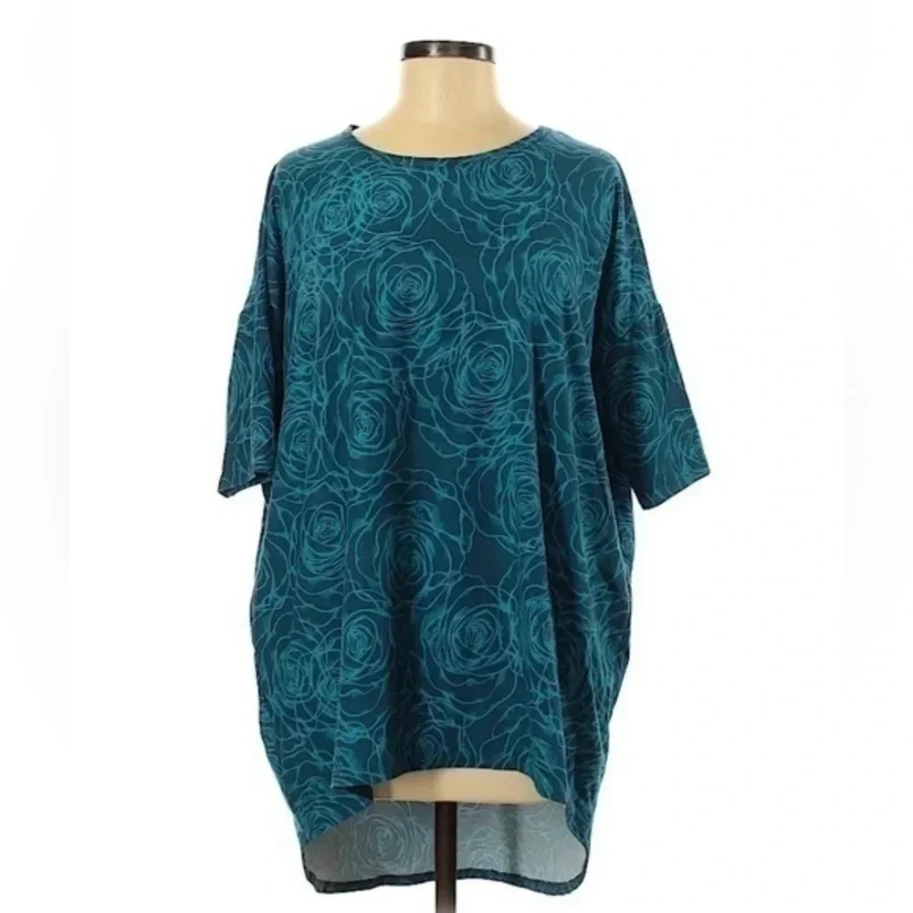 LuLaRoe Dark Teal Scribble Floral Roses Oversized Irma High Low Tunic Size M